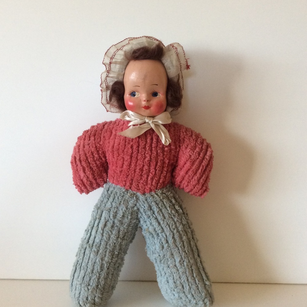 Vintage Chenille Body Plastic Face Carnival Doll